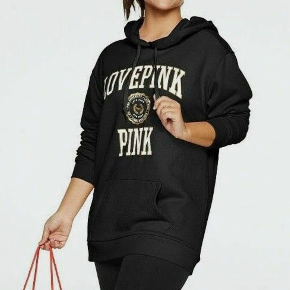 NWT Pink Victoria’s Secret Black Love Pink University Hoodie Oversized - Picture 1 of 9